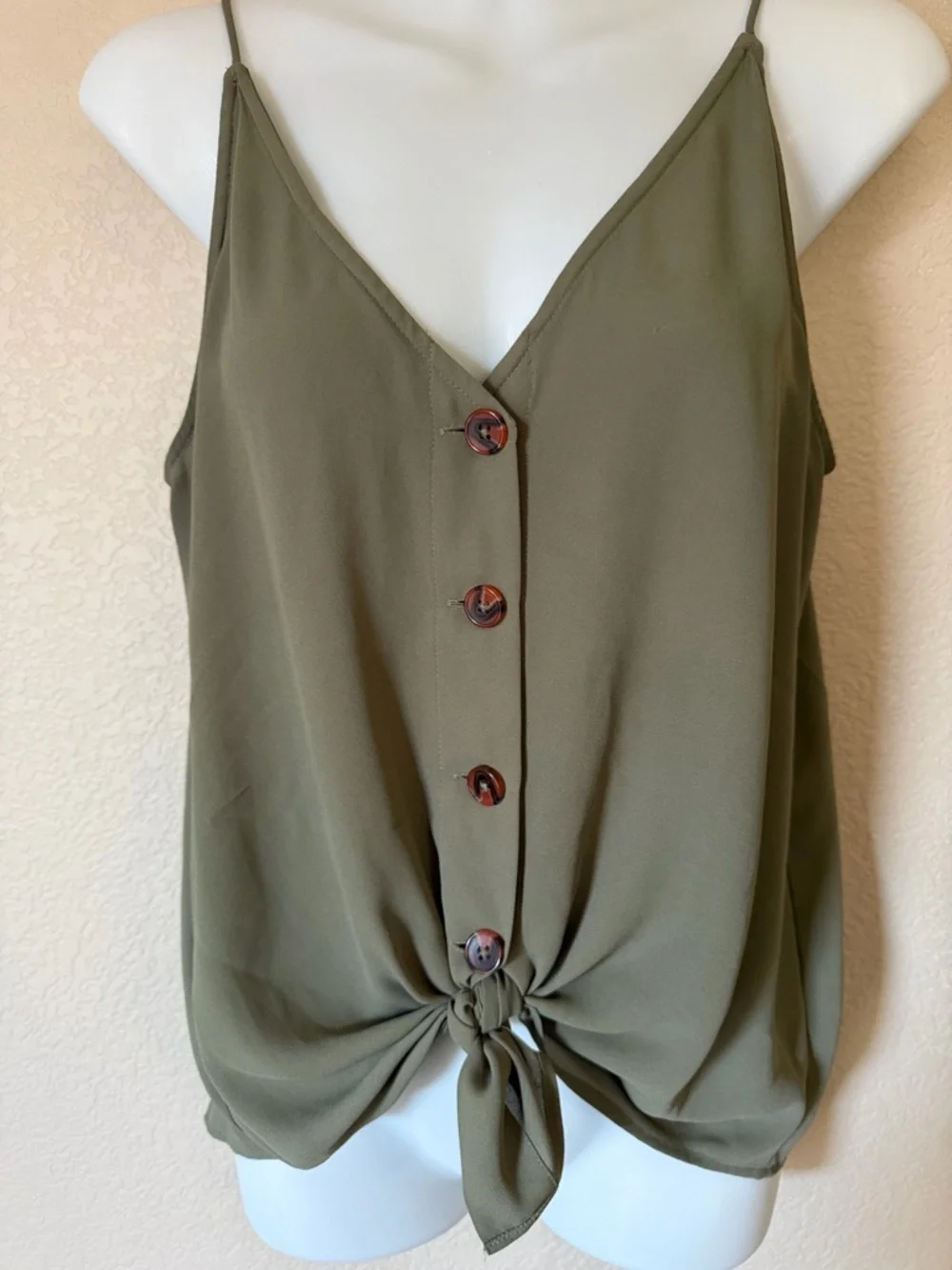 LOFT Tank Top Womens S Green‎ Button Front Tie Waist Cami Blouse